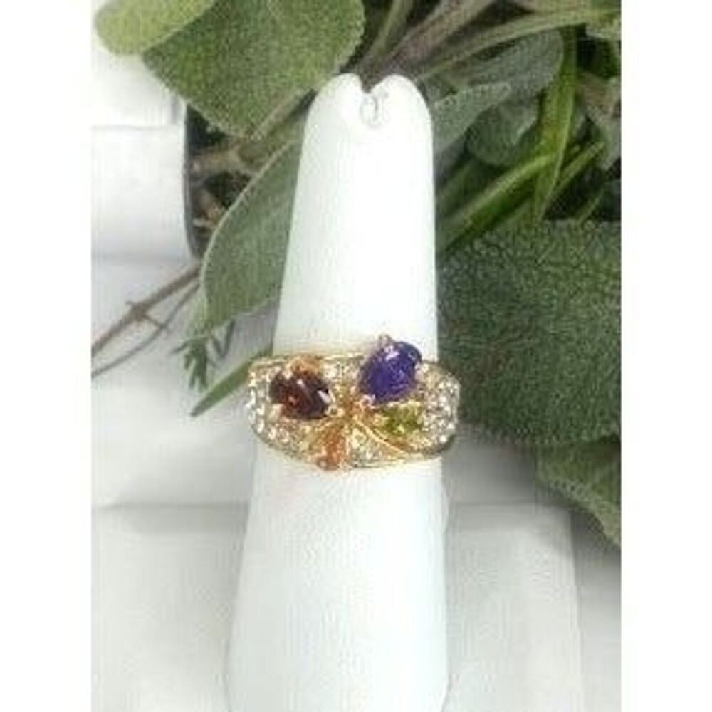 Ring Antique Style Multi-Color Gems Crystals 18K Gold Plated German Silver, 6.5